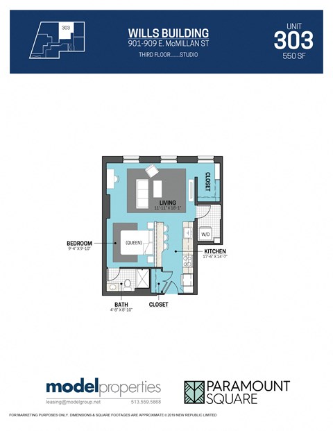 Floor plan for studio, 1 bath, 550 sqft